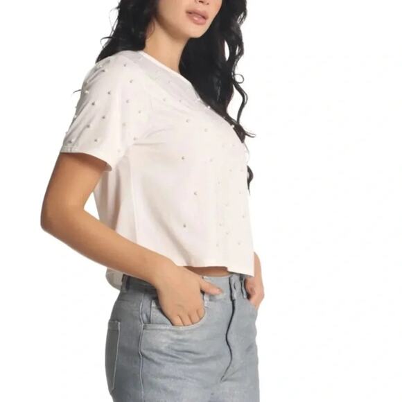 Snidel Cropped Top Pearl Appliqué Beige Size M - Picture 4 of 9